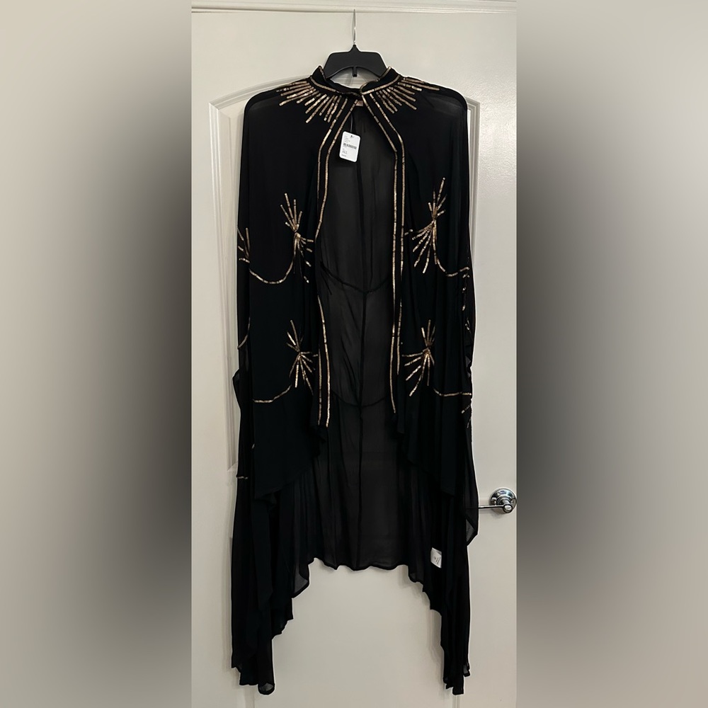 NWT Free People Goddess Embellished Black Cape OS Antique Gold Bohemian